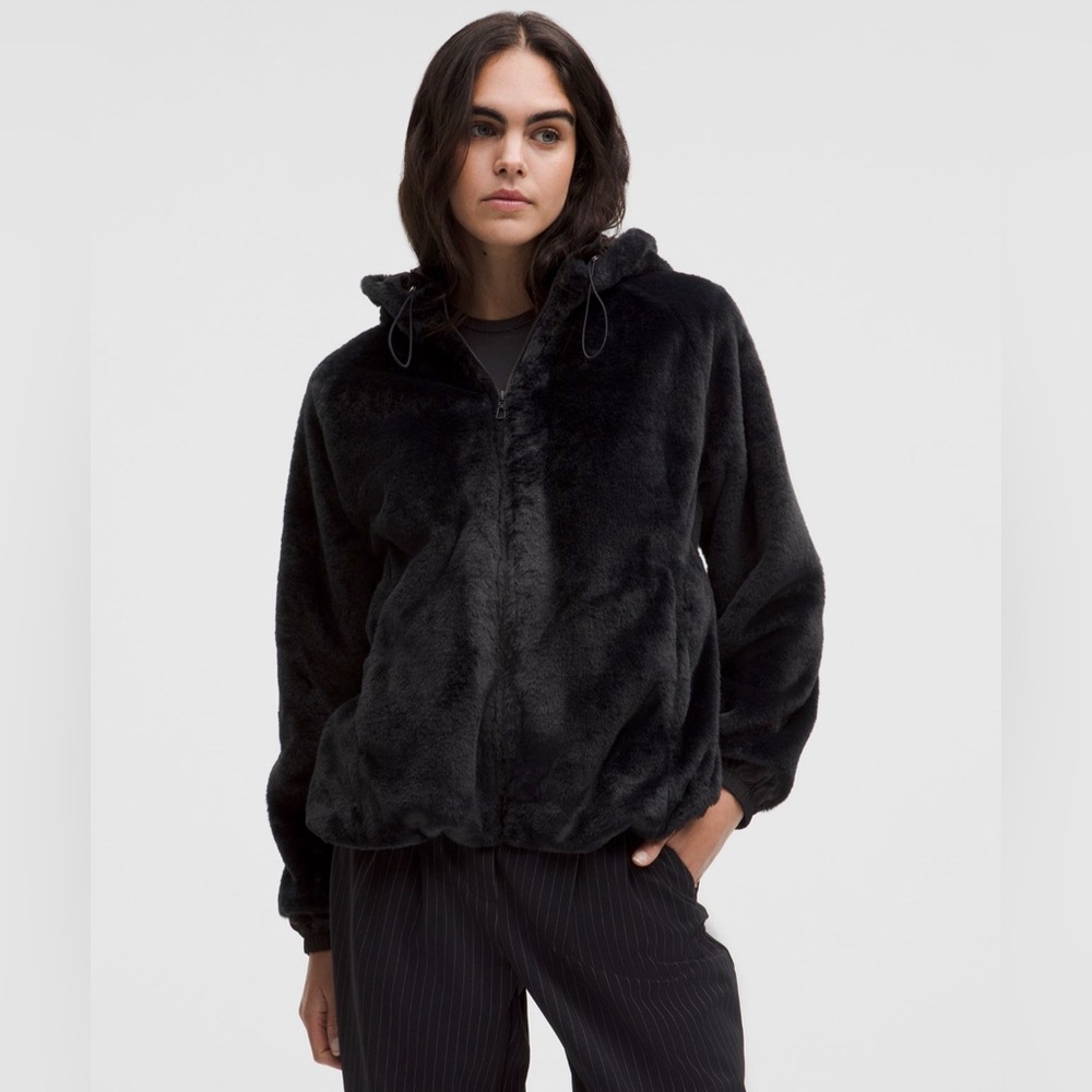 Faux Fur Full Zip Hoodie Black Jacket size xs (Oversized Fit)